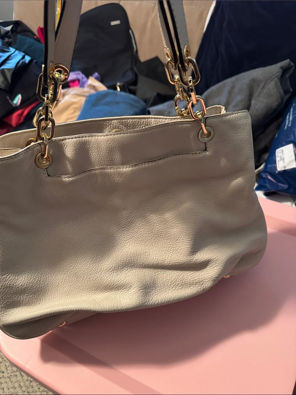 Michael Kors Ivory Leather Shoulder Tote with Gold Hardware